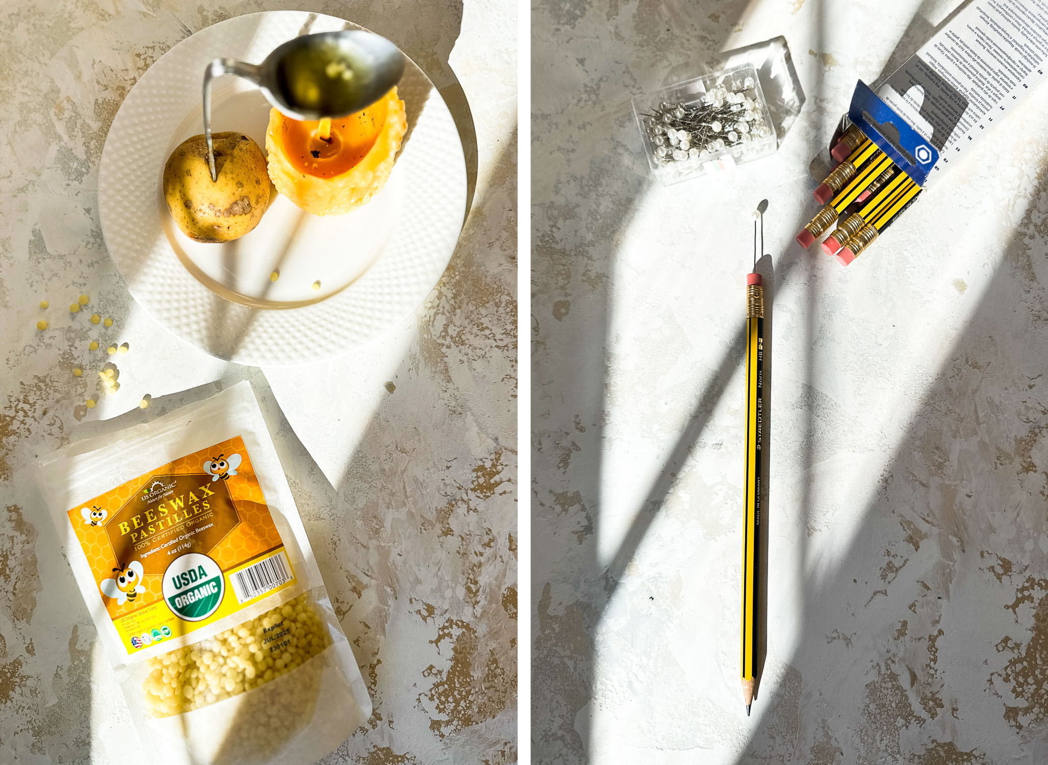 δύο φωτογραφίες - κερί μέλισσας, κερί, μολύβι