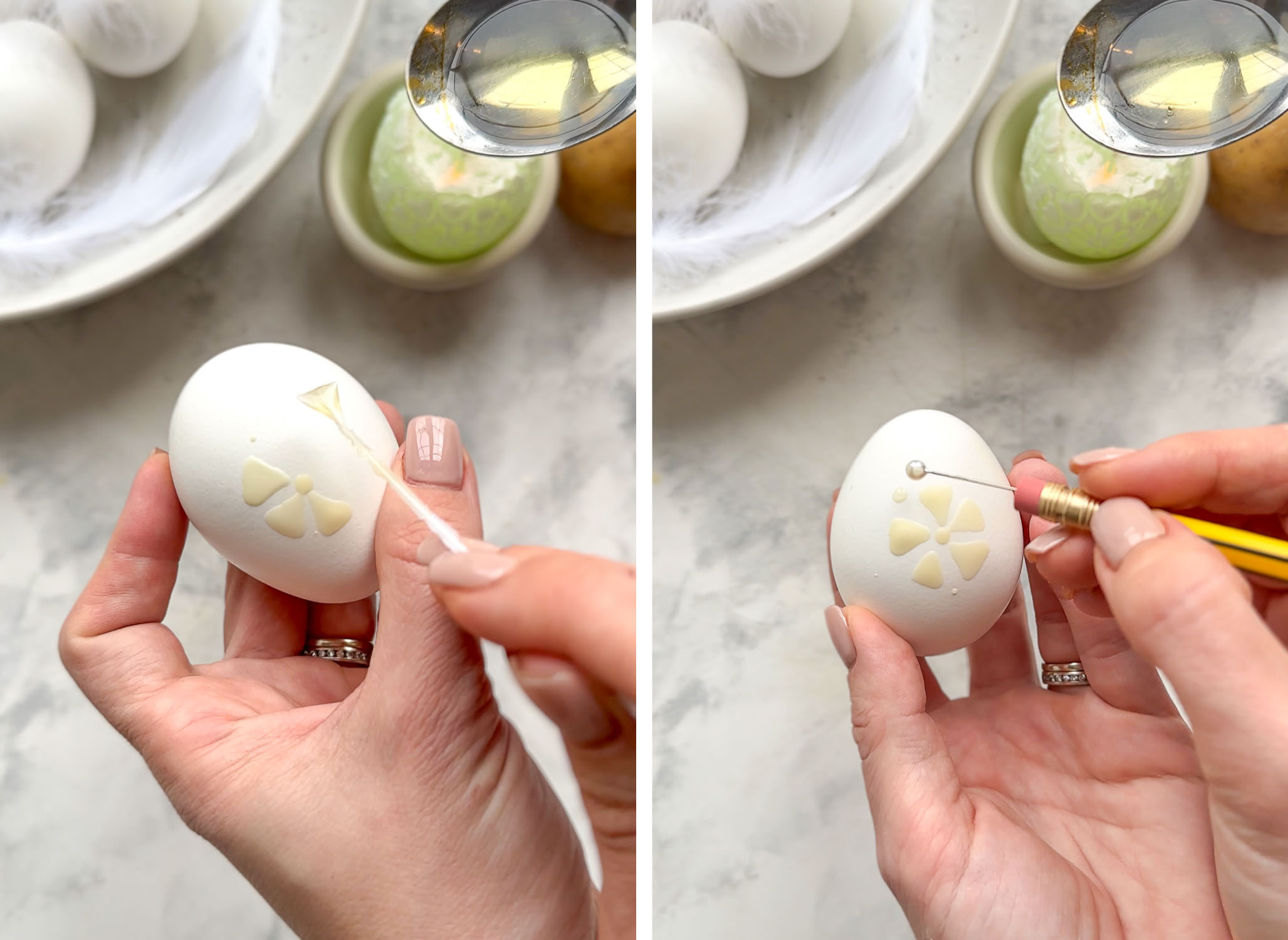 δύο φωτογραφίες - χέρι που κρατά το πασχαλινό αυγό