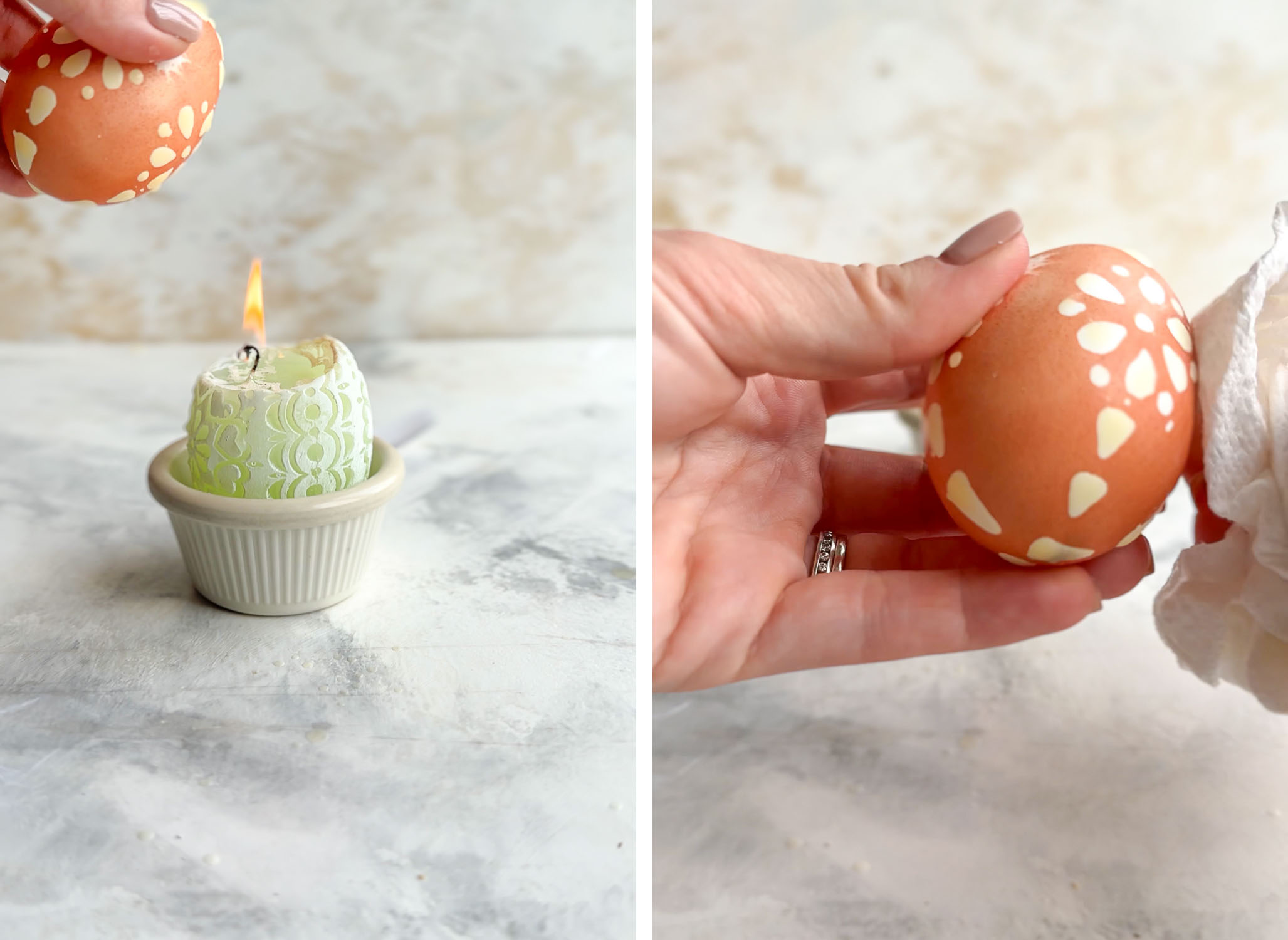 δύο φωτογραφίες - λιώσιμο κεριού στο πασχαλινό αυγό